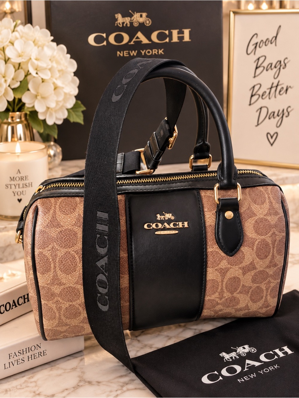Coach Brown Signature Canvas Barrel Satchel with Black Leather Trim 🤎🖤